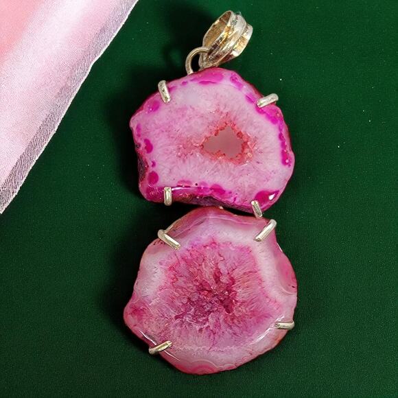 Double Pink Agate Geode Pendant – Handmade Sterling Silver Statement Necklace - Picture 1 of 10